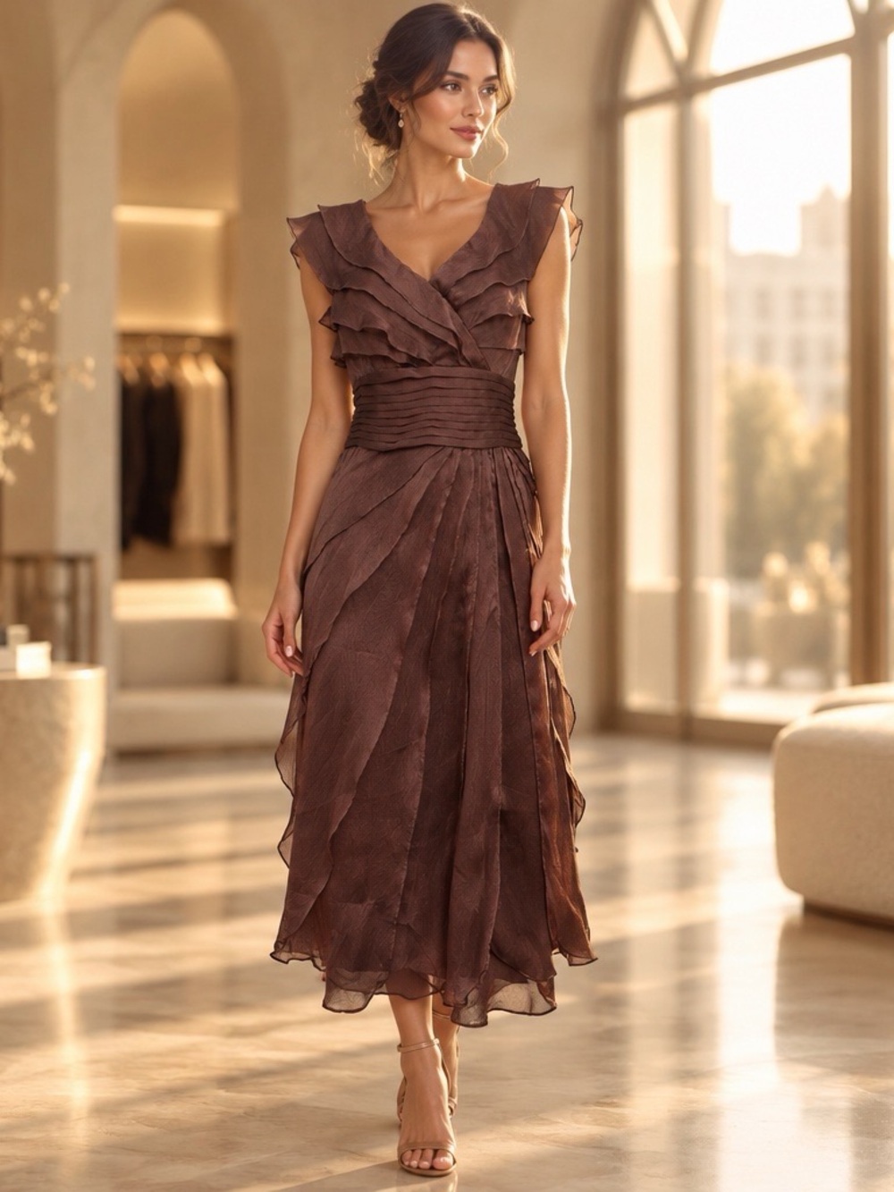 Adrianna Papell Rich Chocolate Brown Chiffon Ruffle Cocktail Dress Size 6